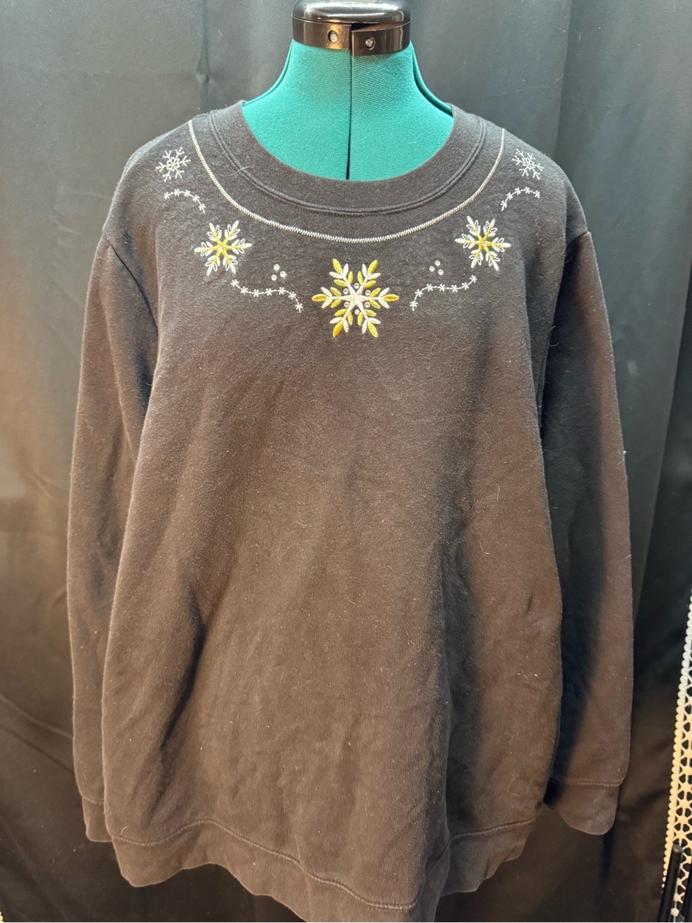 Holiday Editions Black Crewneck Sweater with Yellow & White Snowflake Embroidery